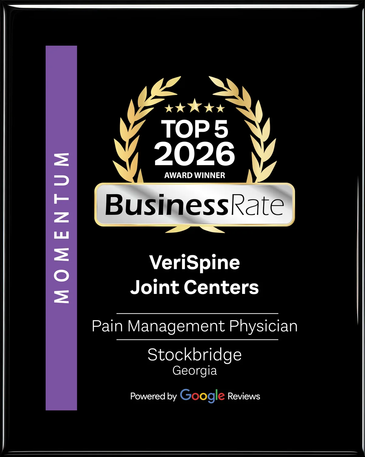 BusinessRate Top 5 2026 Award Winner plaque — VeriSpine Joint Centers, Pain Management Physician, Stockbridge, Georgia
