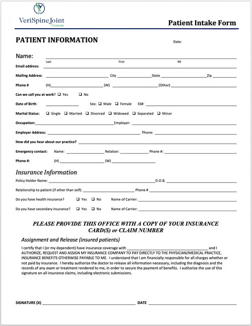 intake form - VeriSpine Joint Centers